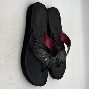 Black Coach Flip Flops Sandals Size 7 with Gold Metal logo on straps